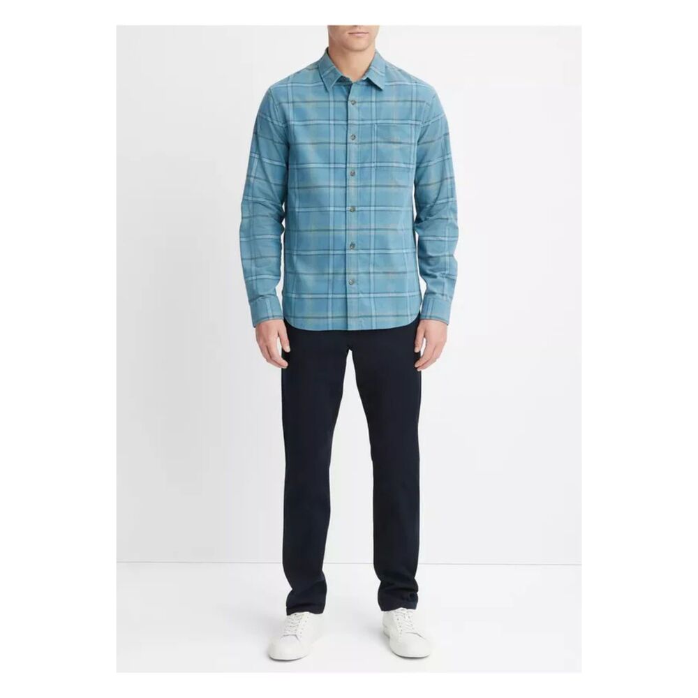 VINCE Shirt Mens XS Blue Button Up Plaid Corduroy Front Pocket Classic Fit $245